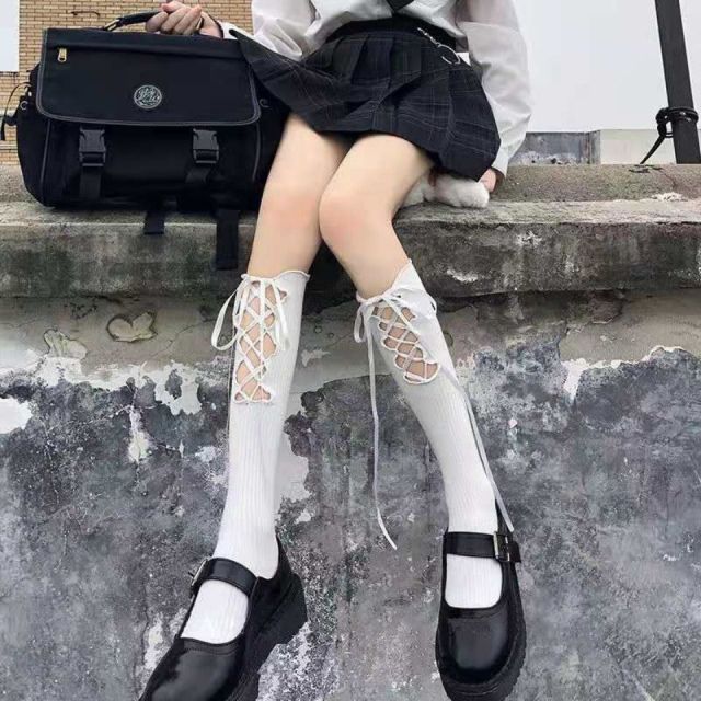 Girl Bone Bow Socks Streetwear Girls Black Sweet Cute Pink Y2K Harajuku Lolita Fishnet Stockings Thigh High Stockings
