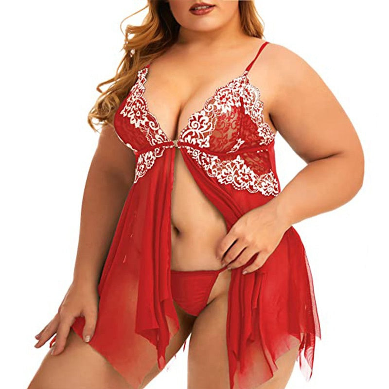 Plus Size Nightdress Sexy Lingerie Women Front Split Babydoll Lace Sleepwear See Through Deep V Neck Girls Nightgown