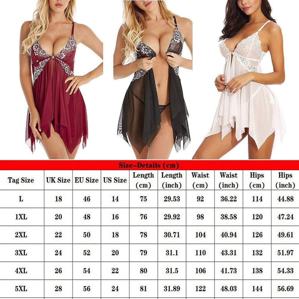 Plus Size Nightdress Sexy Lingerie Women Front Split Babydoll Lace Sleepwear See Through Deep V Neck Girls Nightgown