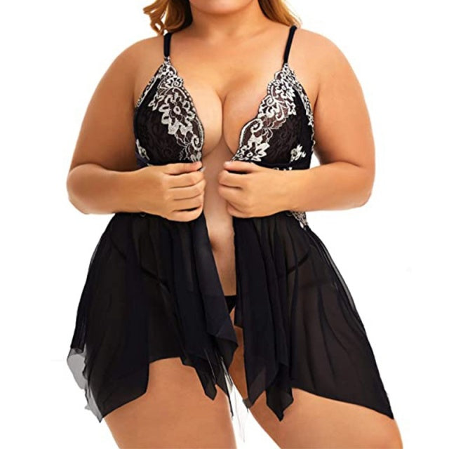 Plus Size Nightdress Sexy Lingerie Women Front Split Babydoll Lace Sleepwear See Through Deep V Neck Girls Nightgown
