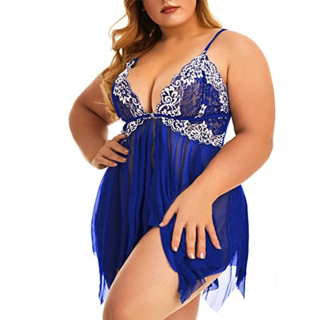 Plus Size Nightdress Sexy Lingerie Women Front Split Babydoll Lace Sleepwear See Through Deep V Neck Girls Nightgown
