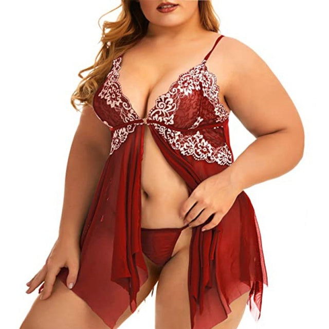 Plus Size Nightdress Sexy Lingerie Women Front Split Babydoll Lace Sleepwear See Through Deep V Neck Girls Nightgown
