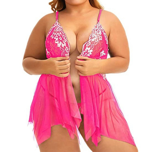 Plus Size Nightdress Sexy Lingerie Women Front Split Babydoll Lace Sleepwear See Through Deep V Neck Girls Nightgown