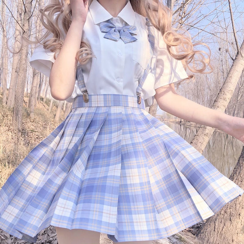 Japanese School Girl Uniform Pleated Mini Skirt School Uniform High Waist A-Line Plaid Skirt Sexy JK Uniforms for Woman Full Set