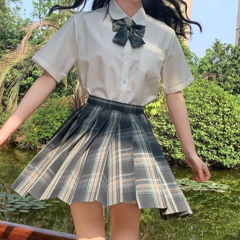 Japanese School Girl Uniform Pleated Mini Skirt School Uniform High Waist A-Line Plaid Skirt Sexy JK Uniforms for Woman Full Set
