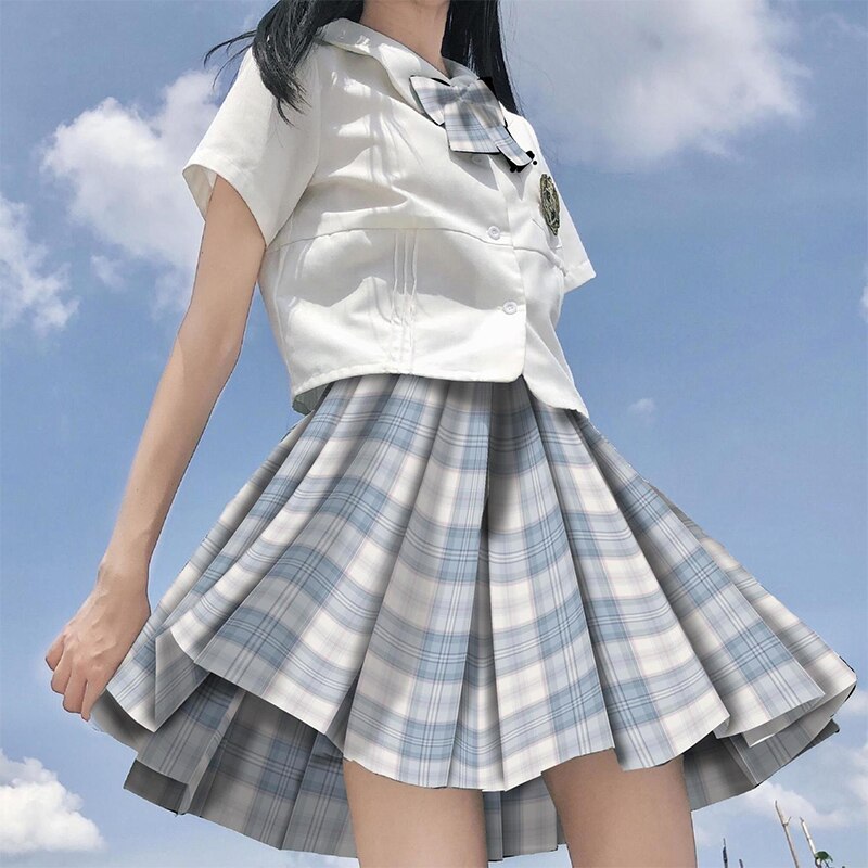 Japanese School Girl Uniform Pleated Mini Skirt School Uniform High Waist A-Line Plaid Skirt Sexy JK Uniforms for Woman Full Set