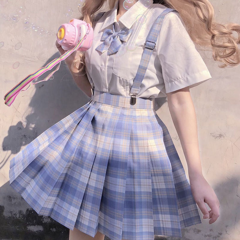 Japanese School Girl Uniform Pleated Mini Skirt School Uniform High Waist A-Line Plaid Skirt Sexy JK Uniforms for Woman Full Set