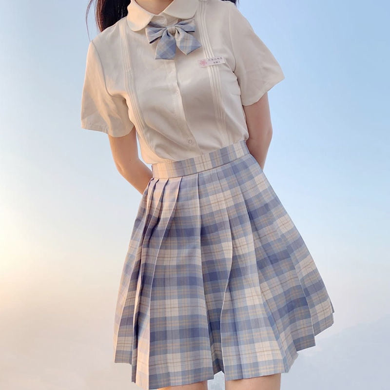 Japanese School Girl Uniform Pleated Mini Skirt School Uniform High Waist A-Line Plaid Skirt Sexy JK Uniforms for Woman Full Set