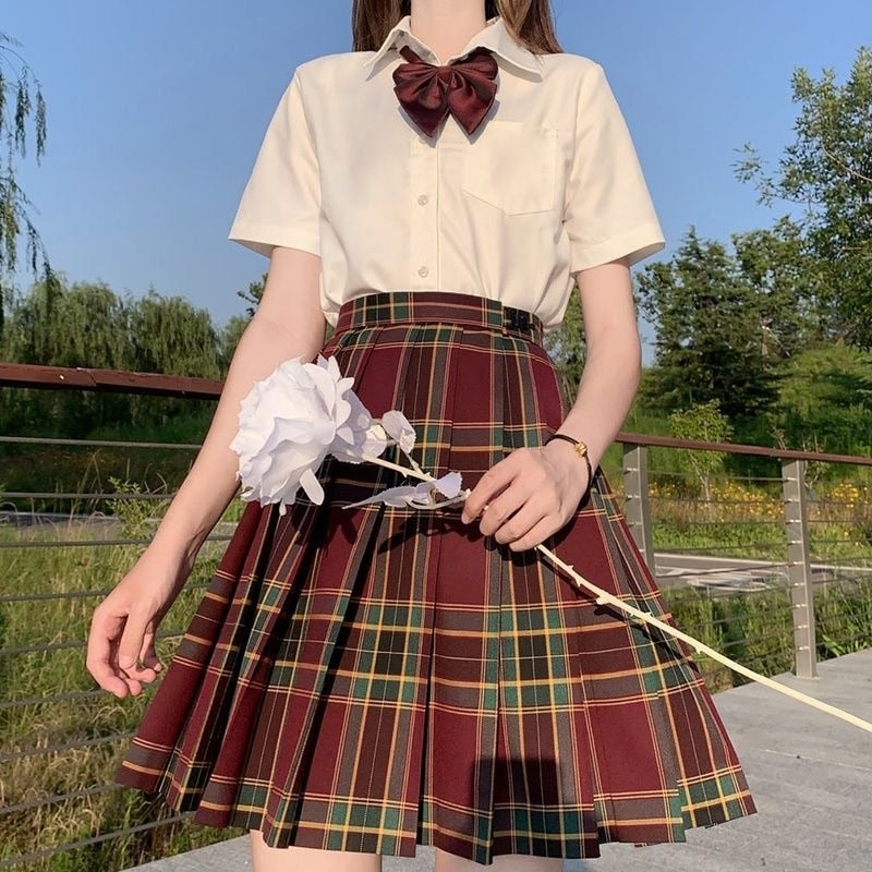 Japanese School Girl Uniform Pleated Mini Skirt School Uniform High Waist A-Line Plaid Skirt Sexy JK Uniforms for Woman Full Set