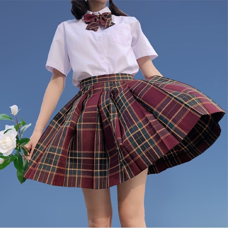 Japanese School Girl Uniform Pleated Mini Skirt School Uniform High Waist A-Line Plaid Skirt Sexy JK Uniforms for Woman Full Set