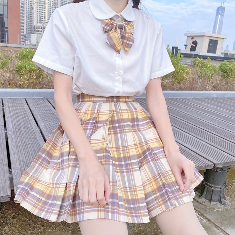 Japanese School Girl Uniform Pleated Mini Skirt School Uniform High Waist A-Line Plaid Skirt Sexy JK Uniforms for Woman Full Set