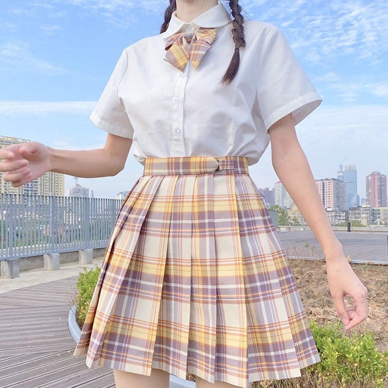 Japanese School Girl Uniform Pleated Mini Skirt School Uniform High Waist A-Line Plaid Skirt Sexy JK Uniforms for Woman Full Set