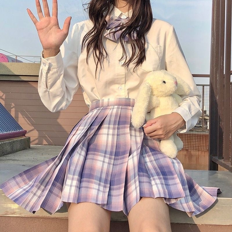 Japanese School Girl Uniform Pleated Mini Skirt School Uniform High Waist A-Line Plaid Skirt Sexy JK Uniforms for Woman Full Set