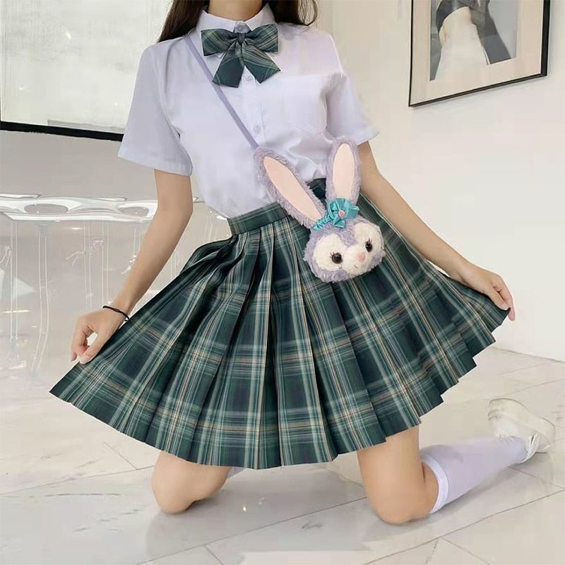 Japanese School Girl Uniform Pleated Mini Skirt School Uniform High Waist A-Line Plaid Skirt Sexy JK Uniforms for Woman Full Set