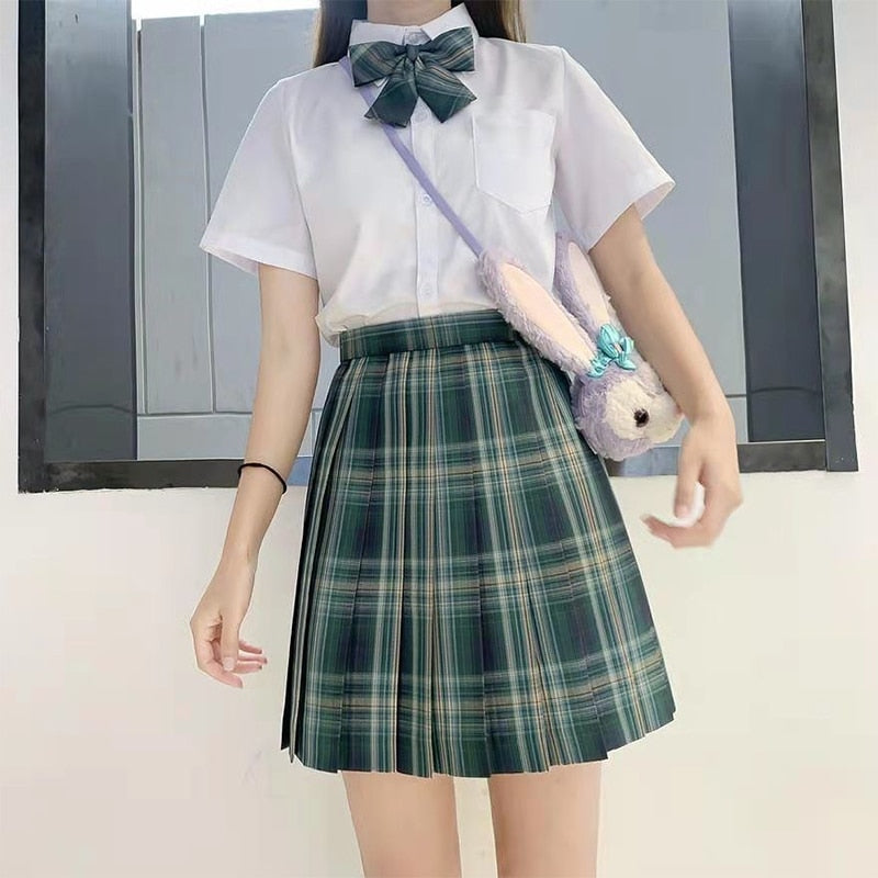 Japanese School Girl Uniform Pleated Mini Skirt School Uniform High Waist A-Line Plaid Skirt Sexy JK Uniforms for Woman Full Set
