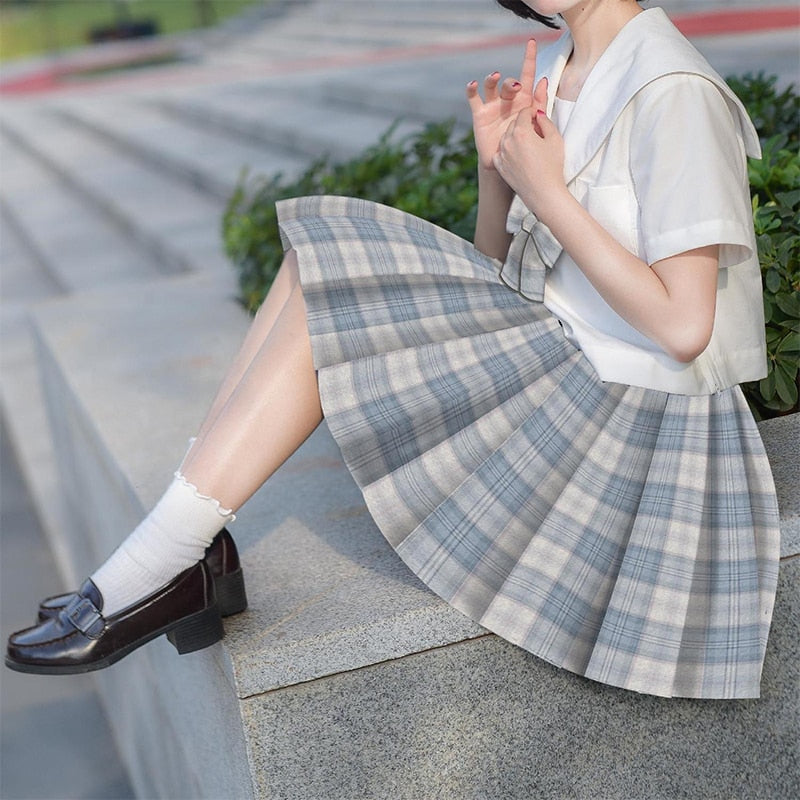 Japanese School Girl Uniform Pleated Mini Skirt School Uniform High Waist A-Line Plaid Skirt Sexy JK Uniforms for Woman Full Set