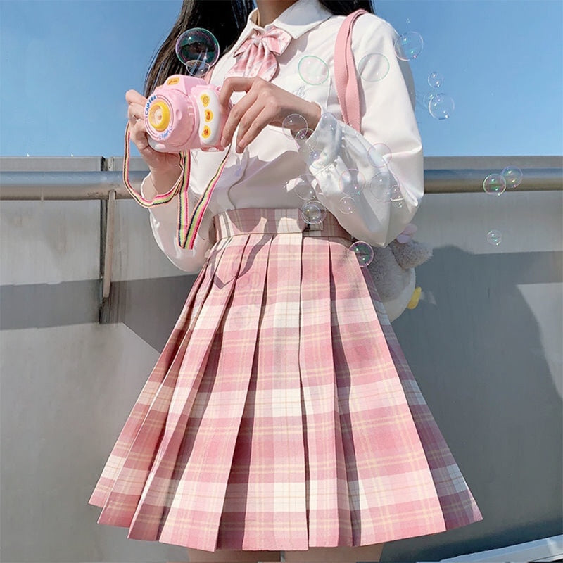 Japanese School Girl Uniform Pleated Mini Skirt School Uniform High Waist A-Line Plaid Skirt Sexy JK Uniforms for Woman Full Set