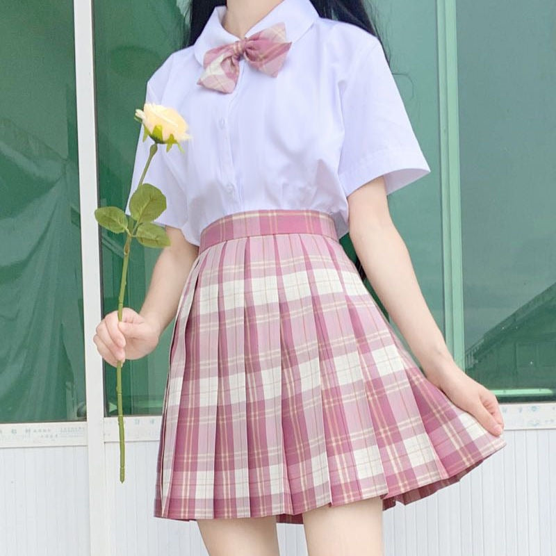 Japanese School Girl Uniform Pleated Mini Skirt School Uniform High Waist A-Line Plaid Skirt Sexy JK Uniforms for Woman Full Set