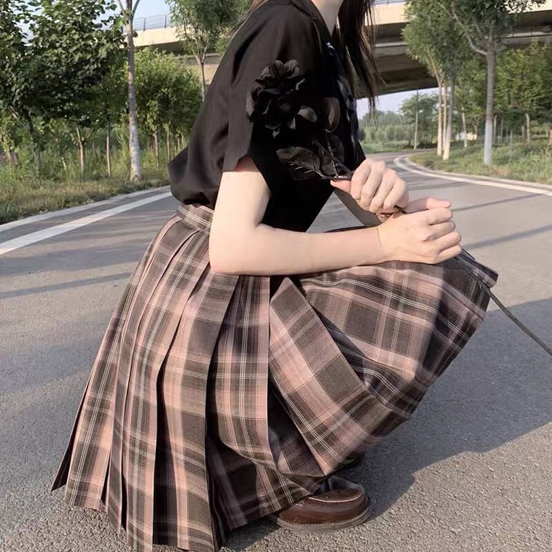 Japanese School Girl Uniform Pleated Mini Skirt School Uniform High Waist A-Line Plaid Skirt Sexy JK Uniforms for Woman Full Set