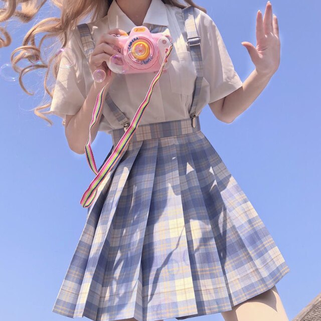Japanese School Girl Uniform Pleated Mini Skirt School Uniform High Waist A-Line Plaid Skirt Sexy JK Uniforms for Woman Full Set