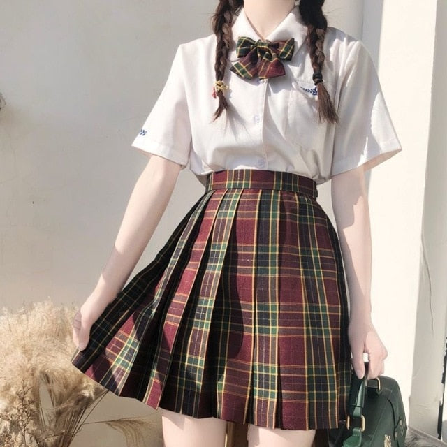 Japanese School Girl Uniform Pleated Mini Skirt School Uniform High Waist A-Line Plaid Skirt Sexy JK Uniforms for Woman Full Set