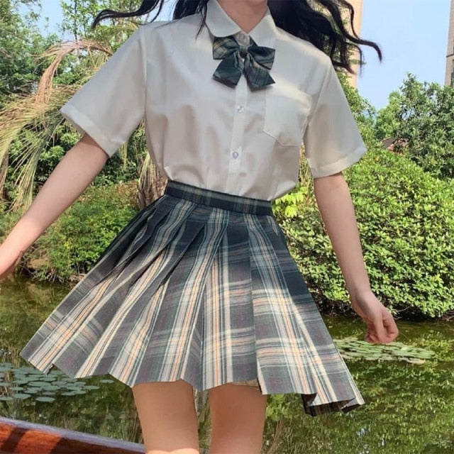 Japanese School Girl Uniform Pleated Mini Skirt School Uniform High Waist A-Line Plaid Skirt Sexy JK Uniforms for Woman Full Set