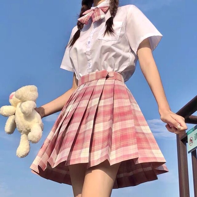 Japanese School Girl Uniform Pleated Mini Skirt School Uniform High Waist A-Line Plaid Skirt Sexy JK Uniforms for Woman Full Set