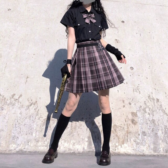 Japanese School Girl Uniform Pleated Mini Skirt School Uniform High Waist A-Line Plaid Skirt Sexy JK Uniforms for Woman Full Set