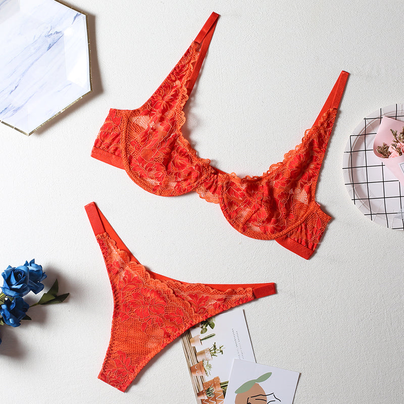 Lingerie Deep-V Floral Embroidery Underwear Push up Underwire Bra Transparent Brief Sets