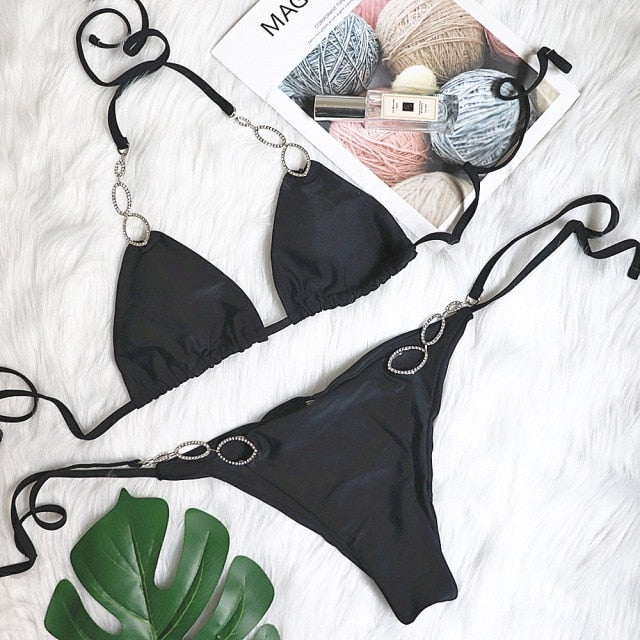 Sexy Diamond Bikini Halter Swimwear Women Swimsuit Female Two Pieces Bikini Set Solid Bathing Suits Beachwear Swim Lady