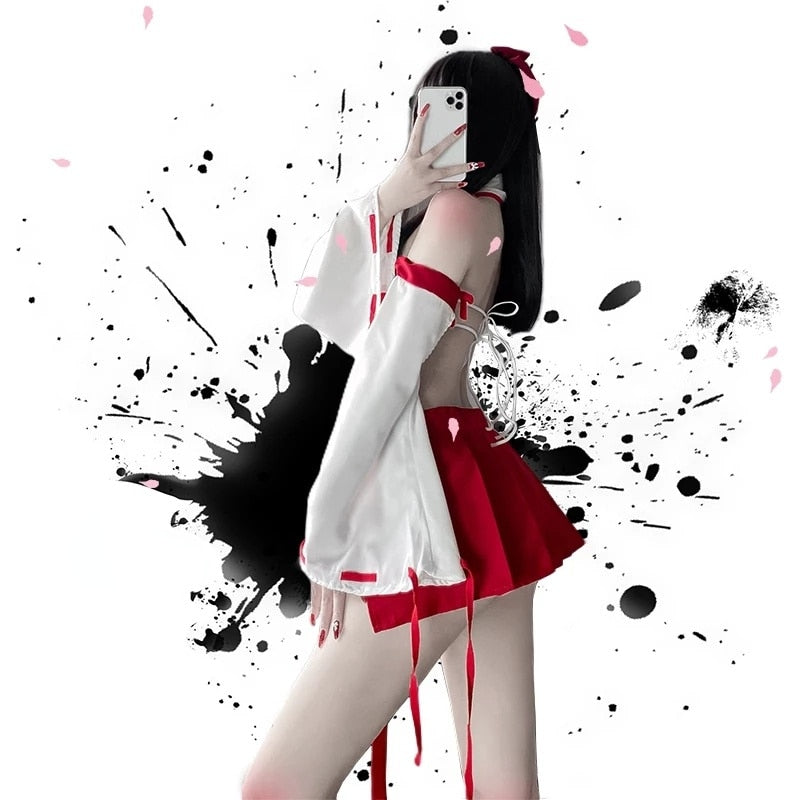 Anime Maid Cosplay Costumes Japanese Kimono Dress Witch Uniform Cosplay Suit Cute Girls Sexy Heart Bikini Lingerie Set