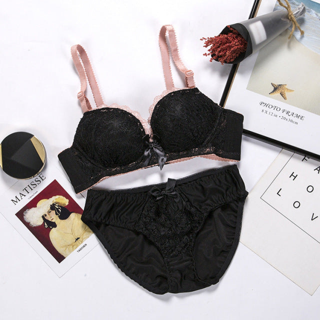 Push Up Bra Lace Bra And Panty Set Embroidery Bra Set Women Plus Size Deep V Lingerie 70 75 80 85 AB Cup For Female Underwears