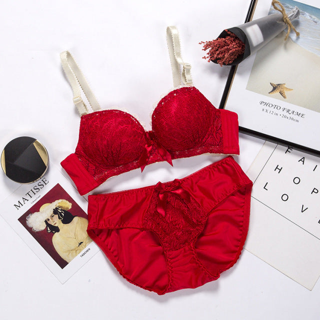 Push Up Bra Lace Bra And Panty Set Embroidery Bra Set Women Plus Size Deep V Lingerie 70 75 80 85 AB Cup For Female Underwears