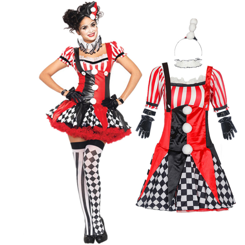 4Pcs Women Funny Circus Clown Costume Female Clown Cosplay Carnival Halloween Fancy Dress Performance Clothing