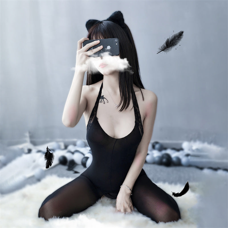 New Sexy Lace Lingerie Women Transparent Catsuit Open Crotch Body Stockings For Sex Sling Halter Backless Teddies Bodysuits