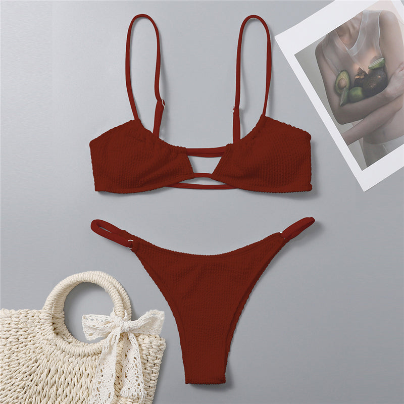 Solid Thong Bikinis Swimsuits Women Sexy Hollow High Leg Swimwear New Female Push up Bathing Suits Summer Swim Bikinis Set