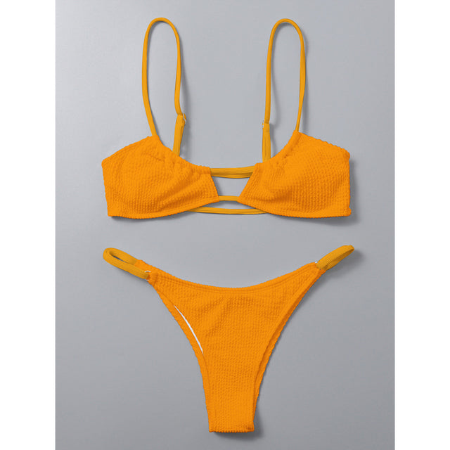 Solid Thong Bikinis Swimsuits Women Sexy Hollow High Leg Swimwear New Female Push up Bathing Suits Summer Swim Bikinis Set