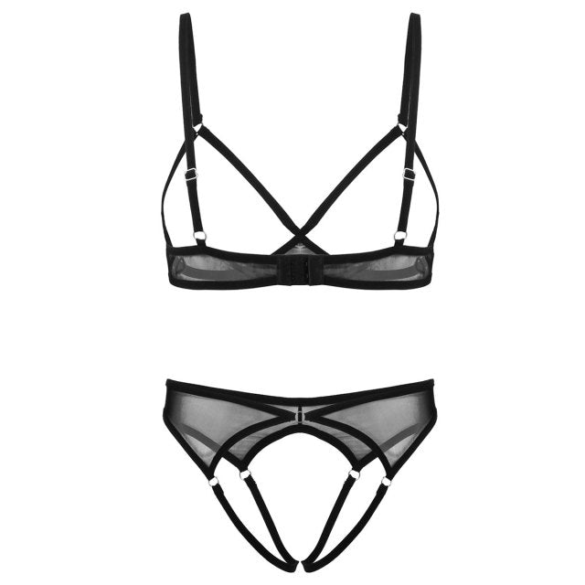 Womens Erotic Lingerie Set Sheer Lace Sex Sexy Suit Bare Exposed Breasts Underwired Shelf Bra with G-string Thong Briefs Panties