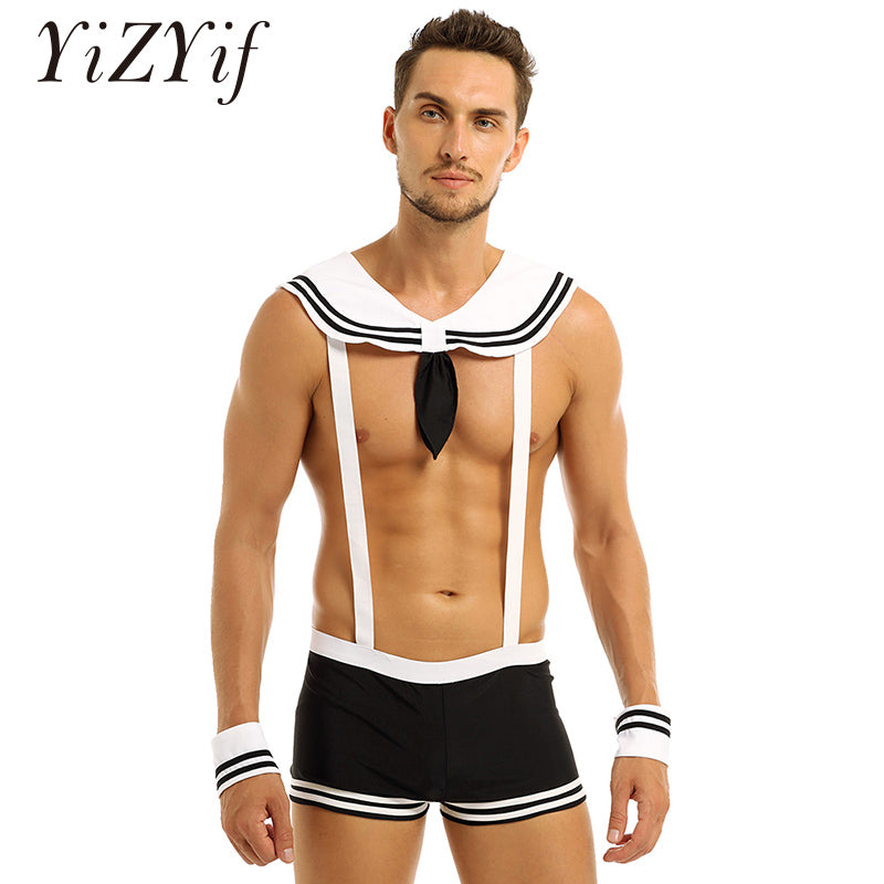 Mens Male sexy Sailor Costumes Navy Cosplay Costume Role Play Underwear Sets Elastic Suspenders Boxer Briefs with Collar Cuffs