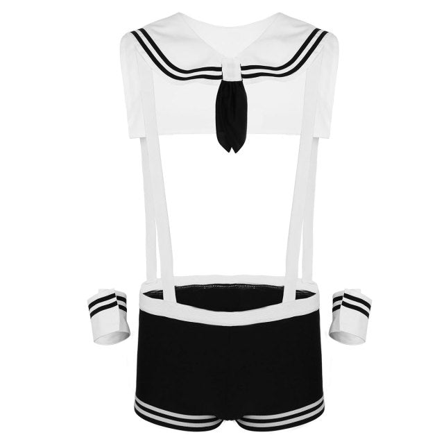 Mens Male sexy Sailor Costumes Navy Cosplay Costume Role Play Underwear Sets Elastic Suspenders Boxer Briefs with Collar Cuffs