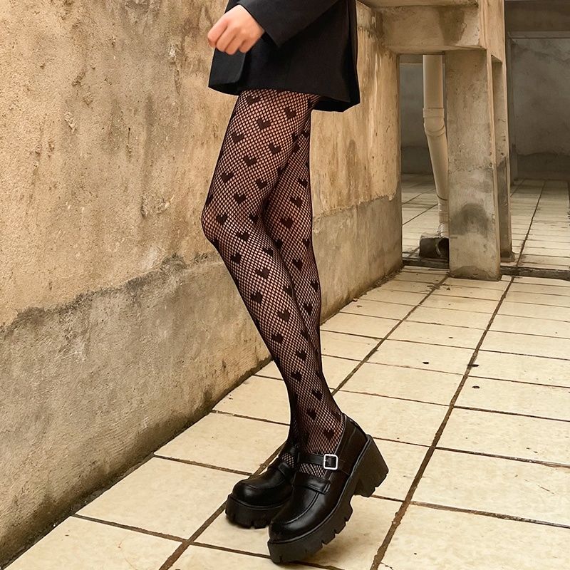 Lolita Cute Anime Black Love Print Tights Gothic Women Sexy Punk Lolita Dark Fishnet Mesh Goth Pantyhose Costumes Body Stockings