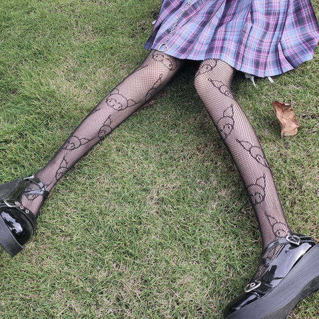 Lolita Cute Anime Black Love Print Tights Gothic Women Sexy Punk Lolita Dark Fishnet Mesh Goth Pantyhose Costumes Body Stockings