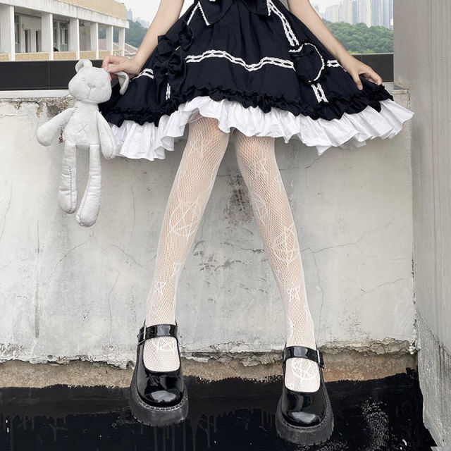 Lolita Cute Anime Black Love Print Tights Gothic Women Sexy Punk Lolita Dark Fishnet Mesh Goth Pantyhose Costumes Body Stockings