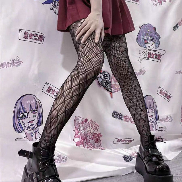 Lolita Cute Anime Black Love Print Tights Gothic Women Sexy Punk Lolita Dark Fishnet Mesh Goth Pantyhose Costumes Body Stockings