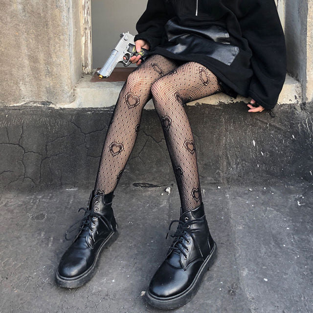 Lolita Cute Anime Black Love Print Tights Gothic Women Sexy Punk Lolita Dark Fishnet Mesh Goth Pantyhose Costumes Body Stockings