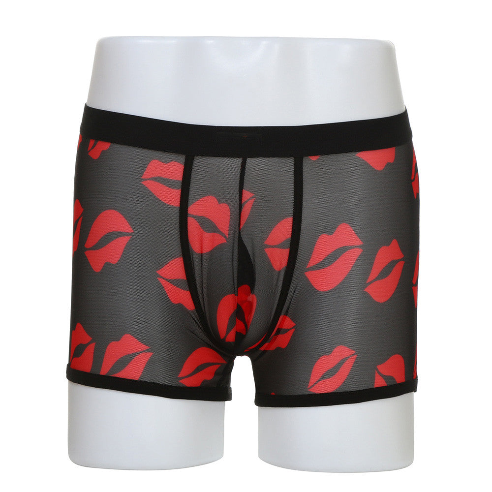 Sexy Men Boxer Underwear Mesh Transparent Lip Print Lingerie Breath Comfortable Bulge Pouch Boxer Gay Underwear