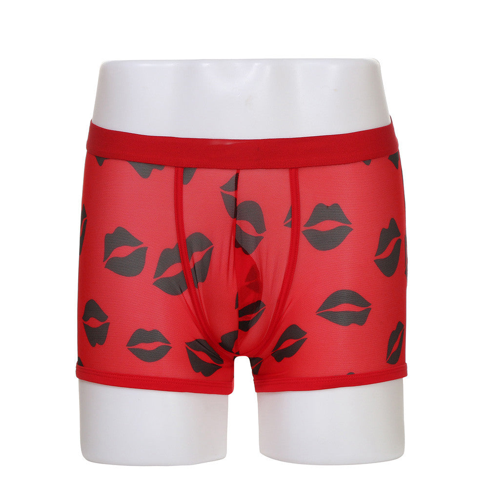 Sexy Men Boxer Underwear Mesh Transparent Lip Print Lingerie Breath Comfortable Bulge Pouch Boxer Gay Underwear