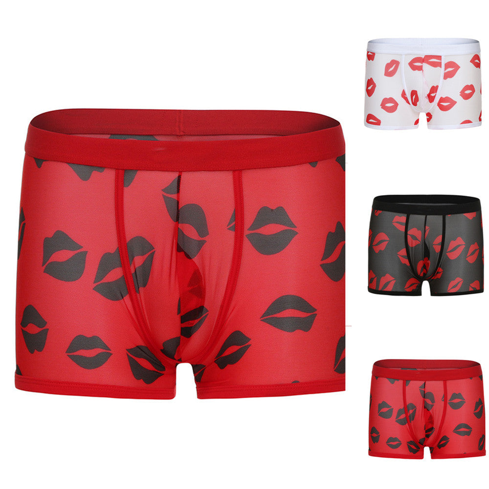 Sexy Men Boxer Underwear Mesh Transparent Lip Print Lingerie Breath Comfortable Bulge Pouch Boxer Gay Underwear