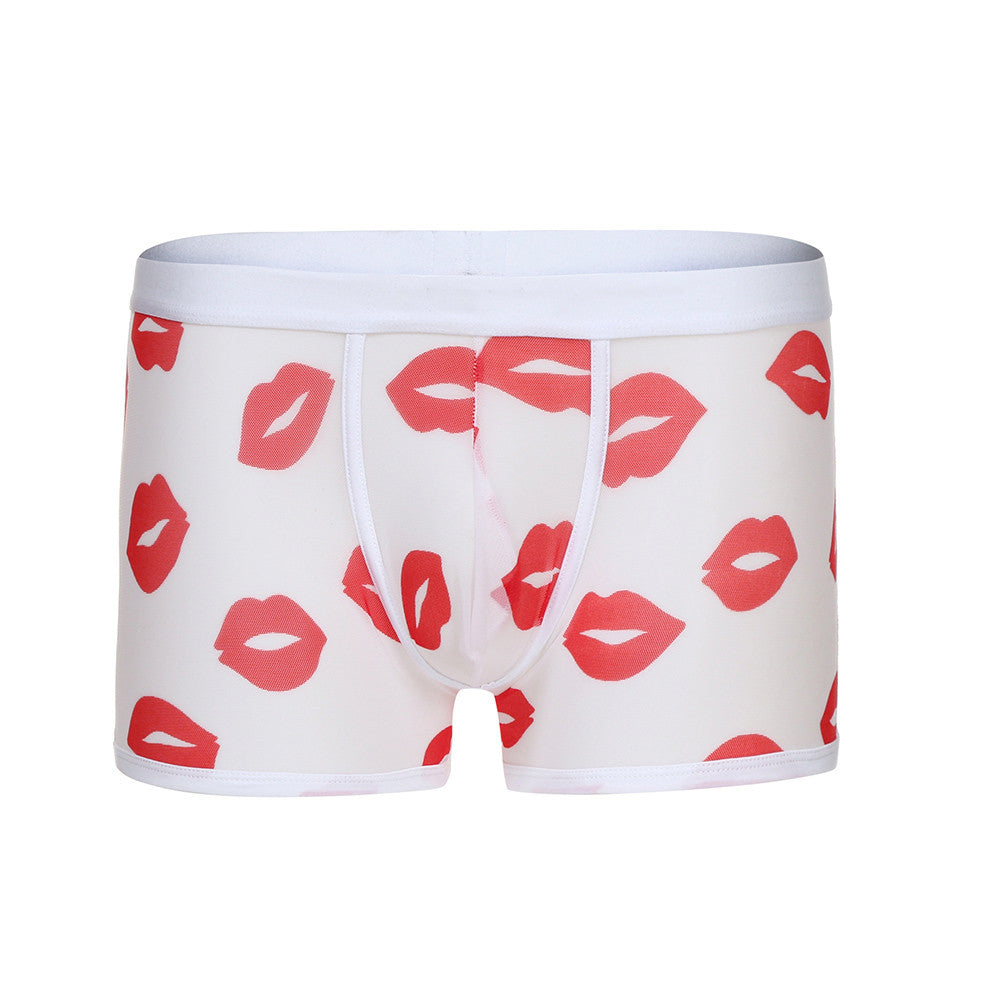 Sexy Men Boxer Underwear Mesh Transparent Lip Print Lingerie Breath Comfortable Bulge Pouch Boxer Gay Underwear