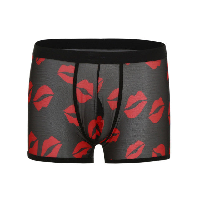 Sexy Men Boxer Underwear Mesh Transparent Lip Print Lingerie Breath Comfortable Bulge Pouch Boxer Gay Underwear
